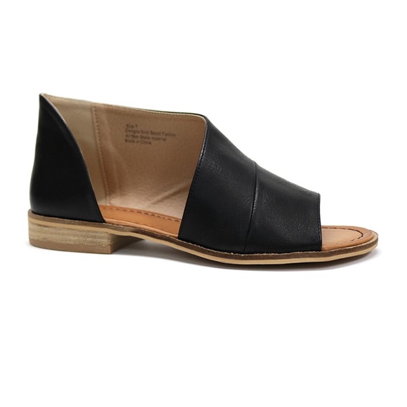 Leather Slides Sandals Flats Spring Black - Picture 3 of 4